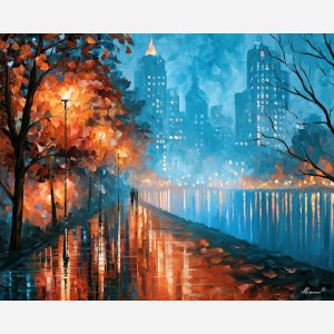 auburn glasshaven, glass haven, auburn glasshaven art, afremov style art, palette knife city, thick brush strokes, heavy impasto painting, broad city shapes, minimal detail art, glowing reflections
