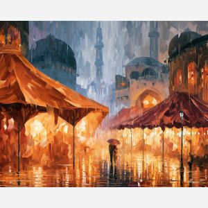 mistcrown bazaar, square simplified, mistcrown bazaar art, fantasy wall art, no signature art, soft edge cityscape, rainlit fantasy city, textured oil painting, dream city painting, fantasy cityscape