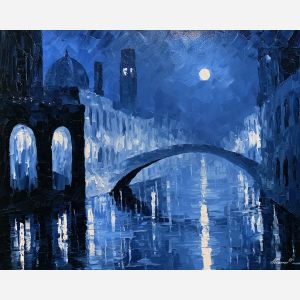 waterpearl silvercanal, silver canal, waterpearl silvercanal art, palette knife city, thick brush strokes, heavy impasto painting, broad city shapes, minimal detail art, glowing reflections, colorful wall decor