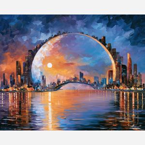 chalice moonbridge, curving silver, chalice moonbridge art, fantasy wall art, no signature art, soft edge cityscape, rainlit fantasy city, textured oil painting, dream city painting, fantasy cityscape
