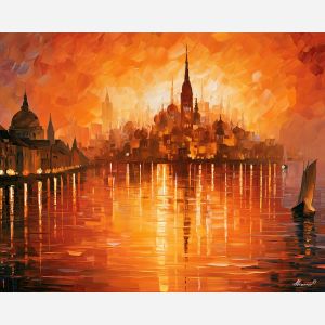rosefire temple, mass reflected, rosefire temple art, dream city painting, fantasy cityscape, afremov style art, palette knife city, thick brush strokes, heavy impasto painting, broad city shapes