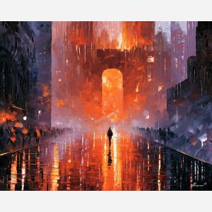 crimson embergate, ember gate, crimson embergate art, thick brush strokes, heavy impasto painting, broad city shapes, minimal detail art, glowing reflections, colorful wall decor, fantasy wall art