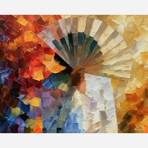 fan shadow, whose replaced, fan shadow art, back view painting, unrecognizable figure, people oil painting, palette knife portrait, thick brush strokes, hidden face art, silhouette painting