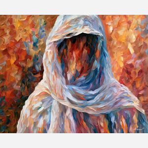 scarf veil, obscured flowing, scarf veil art, textured oil painting, afremov inspired, minimal detail art, mysterious figure, shadow figure art, back view painting, unrecognizable figure