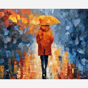 rain coat, rain coat art, afremov inspired, minimal detail art, mysterious figure, shadow figure art, back view painting, unrecognizable figure, people oil painting, palette knife portrait