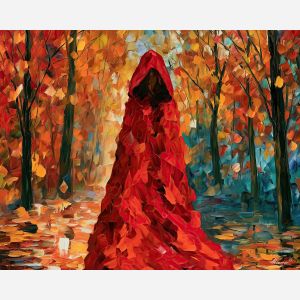 red hood, hooded wrapped, red hood art, textured oil painting, afremov inspired, minimal detail art, mysterious figure, shadow figure art, back view painting, unrecognizable figure