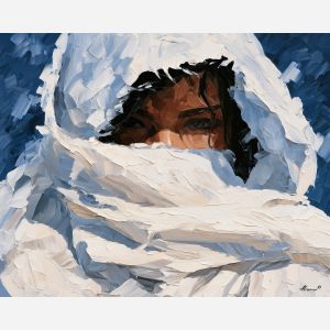 white scarf, covering lower, white scarf art, back view painting, unrecognizable figure, people oil painting, palette knife portrait, thick brush strokes, hidden face art, silhouette painting