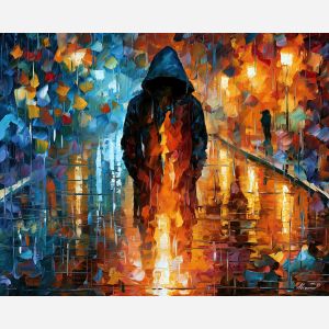 hood warm, rain reflections, glowing hood art, palette knife portrait, thick brush strokes, hidden face art, silhouette painting, contour figure art, faceless figure, expressive wall art