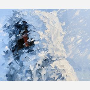 snow profile, softened pale, snow profile art, minimal detail art, mysterious figure, shadow figure art, back view painting, unrecognizable figure, people oil painting, palette knife portrait