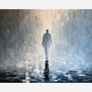 pale silhouette, dissolving gray, pale silhouette art, contour figure art, faceless figure, expressive wall art, textured oil painting, afremov inspired, minimal detail art, mysterious figure