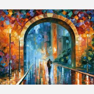 archway contour, crossing loose, archway contour art, faceless figure, expressive wall art, textured oil painting, afremov inspired, minimal detail art, mysterious figure, shadow figure art