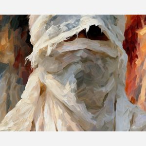 cloth mask, covered loose, cloth mask art, shadow figure art, back view painting, unrecognizable figure, people oil painting, palette knife portrait, thick brush strokes, hidden face art