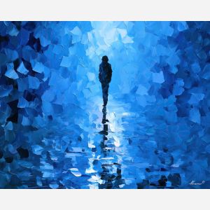 blue backlight, blue backlight art, contour figure art, faceless figure, expressive wall art, textured oil painting, afremov inspired, minimal detail art, mysterious figure, shadow figure art
