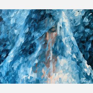 blue veil, blue veil art, afremov inspired, minimal detail art, mysterious figure, shadow figure art, back view painting, unrecognizable figure, people oil painting, palette knife portrait