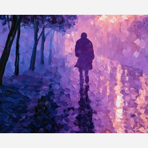 lilac shadow, lilac shadow art, unrecognizable figure, people oil painting, palette knife portrait, thick brush strokes, hidden face art, silhouette painting, contour figure art, faceless figure
