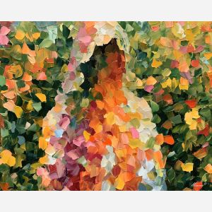 garden veil, leaves patches, garden veil art, thick brush strokes, hidden face art, silhouette painting, contour figure art, faceless figure, expressive wall art, textured oil painting