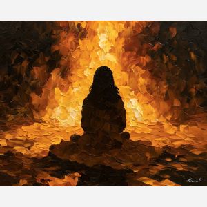 firelight back, facing outlined, firelight back art, shadow figure art, back view painting, unrecognizable figure, people oil painting, palette knife portrait, thick brush strokes, hidden face art