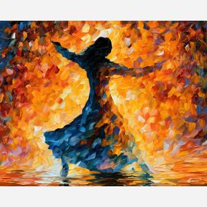 shadow dancer, moving contour, shadow dancer art, back view painting, unrecognizable figure, people oil painting, palette knife portrait, thick brush strokes, hidden face art, silhouette painting