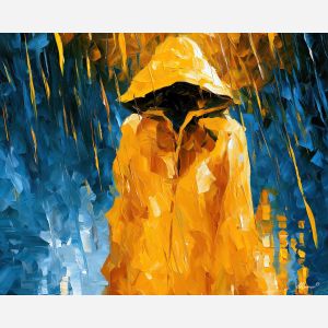 yellow hood, hooded formed, yellow hood art, mysterious figure, shadow figure art, back view painting, unrecognizable figure, people oil painting, palette knife portrait, thick brush strokes