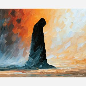mourning contour, bowed quiet, mourning contour art, unrecognizable figure, people oil painting, palette knife portrait, thick brush strokes, hidden face art, silhouette painting, contour figure art
