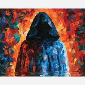 velvet hood, hooded dark, velvet hood art, textured oil painting, afremov inspired, minimal detail art, mysterious figure, shadow figure art, back view painting, unrecognizable figure