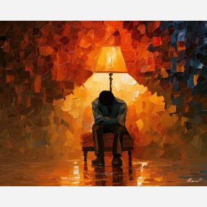 lamp shadow, below warm, lamp shadow art, faceless figure, expressive wall art, textured oil painting, afremov inspired, minimal detail art, mysterious figure, shadow figure art