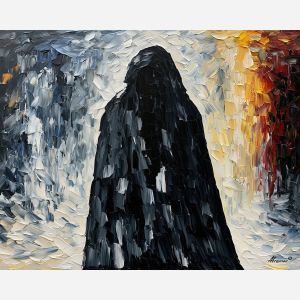 black veil, black veil art, expressive wall art, textured oil painting, afremov inspired, minimal detail art, mysterious figure, shadow figure art, back view painting, unrecognizable figure