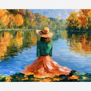 river backview, back facing, river backview art, afremov inspired, minimal detail art, mysterious figure, shadow figure art, back view painting, unrecognizable figure, people oil painting