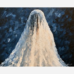 pearl veil, obscured colored, pearl veil art, back view painting, unrecognizable figure, people oil painting, palette knife portrait, thick brush strokes, hidden face art, silhouette painting