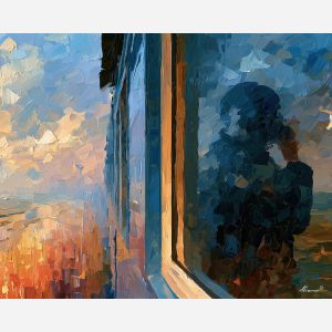 train window, traveler reflection, train window art, back view painting, unrecognizable figure, people oil painting, palette knife portrait, thick brush strokes, hidden face art, silhouette painting