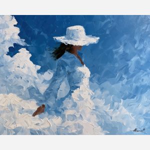 cloud whose, edges dissolve, cloud figure art, silhouette painting, contour figure art, faceless figure, expressive wall art, textured oil painting, afremov inspired, minimal detail art