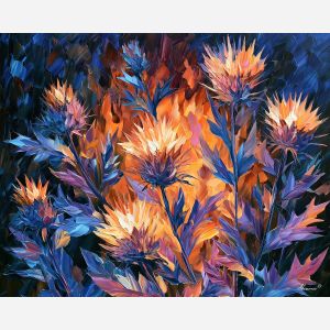 thistles leave, trace dark, thistles leave a glowing trace art, minimal detail art, afremov inspired, dark floral decor, large leaf painting, dark botanical art, moody floral painting, oversized botanicals