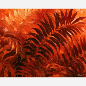 ferns whisper, orange dark, ferns whisper in orange art, afremov inspired, dark floral decor, large leaf painting, dark botanical art, moody floral painting, oversized botanicals, palette knife flowers