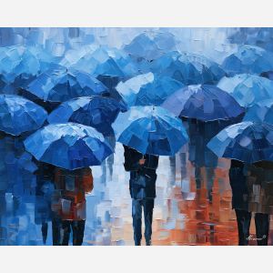 umbrellas drink, blue anonymous, umbrellas drink the blue art, faceless figure art, mysterious wall art, minimal detail art, afremov inspired, back view painting, contour figure art, unrecognizable figure