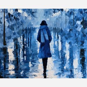 scarves gather, last blue, scarves gather the last blue art, thick brush strokes, faceless figure art, mysterious wall art, minimal detail art, afremov inspired, back view painting, contour figure art