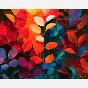 leaves raise, cloud dark, leaves raise a cloud of color art, plant wall art, minimal detail art, afremov inspired, dark floral decor, large leaf painting, dark botanical art, moody floral painting