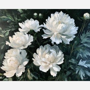 peonies spill, little moon, peonies spill a little moon art, moody floral painting, oversized botanicals, palette knife flowers, thick brush strokes, textured oil painting, dramatic wall decor, plant wall art