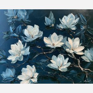 magnolias wait, beside thunder, magnolias wait beside thunder art, moody floral painting, oversized botanicals, palette knife flowers, thick brush strokes, textured oil painting, dramatic wall decor, plant wall art