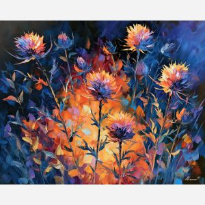 thistles hold, still dark, thistles hold still in color art, plant wall art, minimal detail art, afremov inspired, dark floral decor, large leaf painting, dark botanical art, moody floral painting