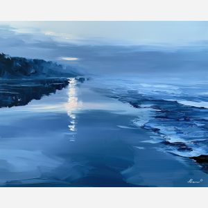 cliffs drink, blue mystic, cliffs drink the blue art, broad water bands, mystic seascape, coastal wall art, palette knife seascape, thick brush strokes, glowing water art, dreamy beach painting