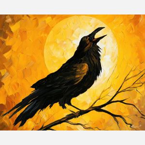 ravens make, golden sound, ravens make a golden sound art, palette knife animal, thick brush strokes, glowing wall decor, minimal detail art, afremov inspired, textured oil painting, mystical wildlife art