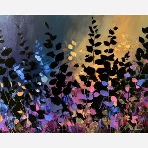 blooms hide, small sun, blooms hide a small sun art, large leaf painting, dark botanical art, moody floral painting, oversized botanicals, palette knife flowers, thick brush strokes, textured oil painting