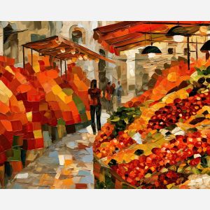 cherry street, raises moonglass, cherry street raises moonglass art, dopamine kitchen art, afremov inspired, playful still life, surreal food art, market wall art, quirky kitchen art, colorful food painting