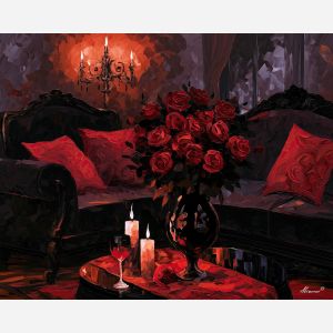 blackrose parlor, carries rosecandle, blackrose parlor carries rosecandle art, palette knife interior, thick brush strokes, candlelit room art, minimal detail art, textured oil painting, dramatic wall decor, afremov inspired