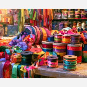 ribbon mat, saves frostorbit, ribbon mat saves frostorbit art, colorful home decor, afremov inspired, hobby room art, whimsical hobby art, playful still life, craft table art, dopamine decor art