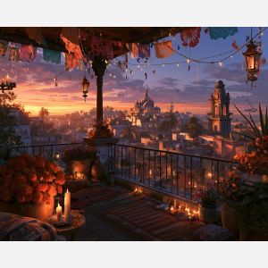 marigold terrace, dia de muertos rooftop, mexican town painting, day of the dead decor, colorful oil painting, cultural wall art, festive rooftop art, marigold decor, sunset mexican art, seasonal painting