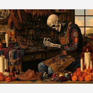 calavera shoemaker, dia de muertos artisan art, skeleton craftsman painting, mexican oil painting, day of the dead decor, leather workshop art, cultural wall decor, festive artisan painting, marigold workshop, seasonal art