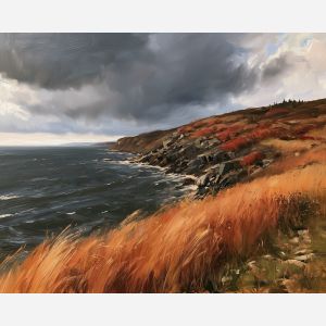 fall coastline painting, autumn seascape, ocean oil painting, coastal wall art, seasonal landscape, fall cliff art, autumn nature decor, dramatic seascape, rustic coastal art, fall wall decor
