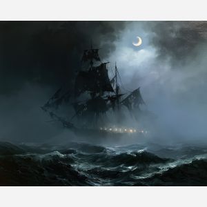 ghost ship painting, phantom ship art, halloween seascape, gothic nautical painting, spooky ocean art, halloween oil painting, haunted ship decor, dark maritime art, ghostly ship wall art, seasonal gothic decor