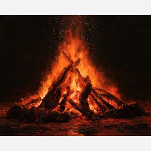 halloween bonfire painting, fire oil painting, woodland halloween art, autumn bonfire decor, halloween wall art, dark forest painting, glowing fire art, spooky woodland decor, seasonal oil painting, dramatic fire painting
